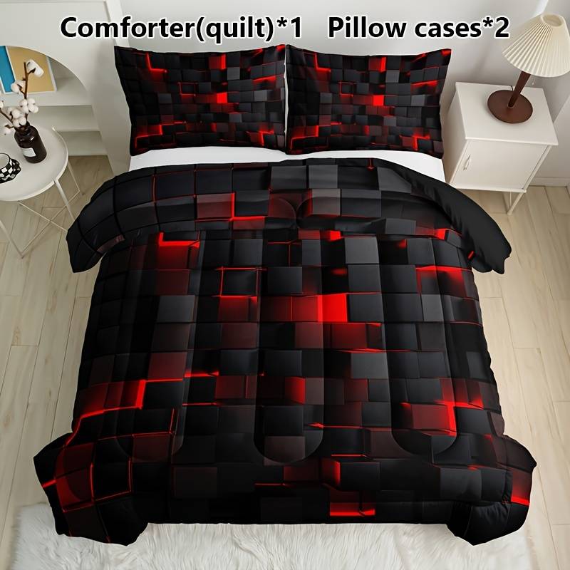 3Pcs Geometric Blue & Red Grid Checked Comforter Set