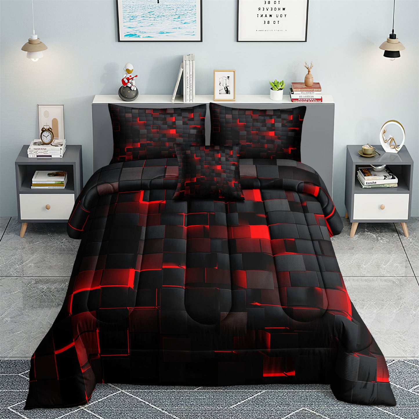 3Pcs Geometric Blue & Red Grid Checked Comforter Set