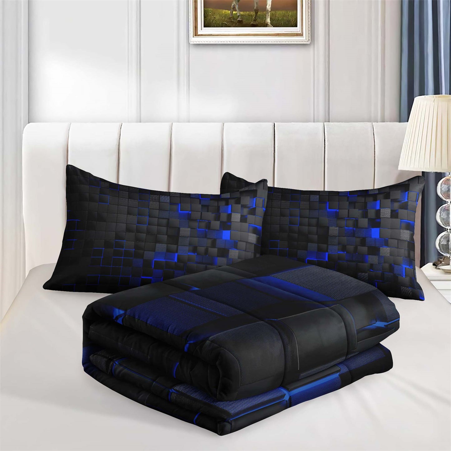 3Pcs Geometric Blue & Red Grid Checked Comforter Set