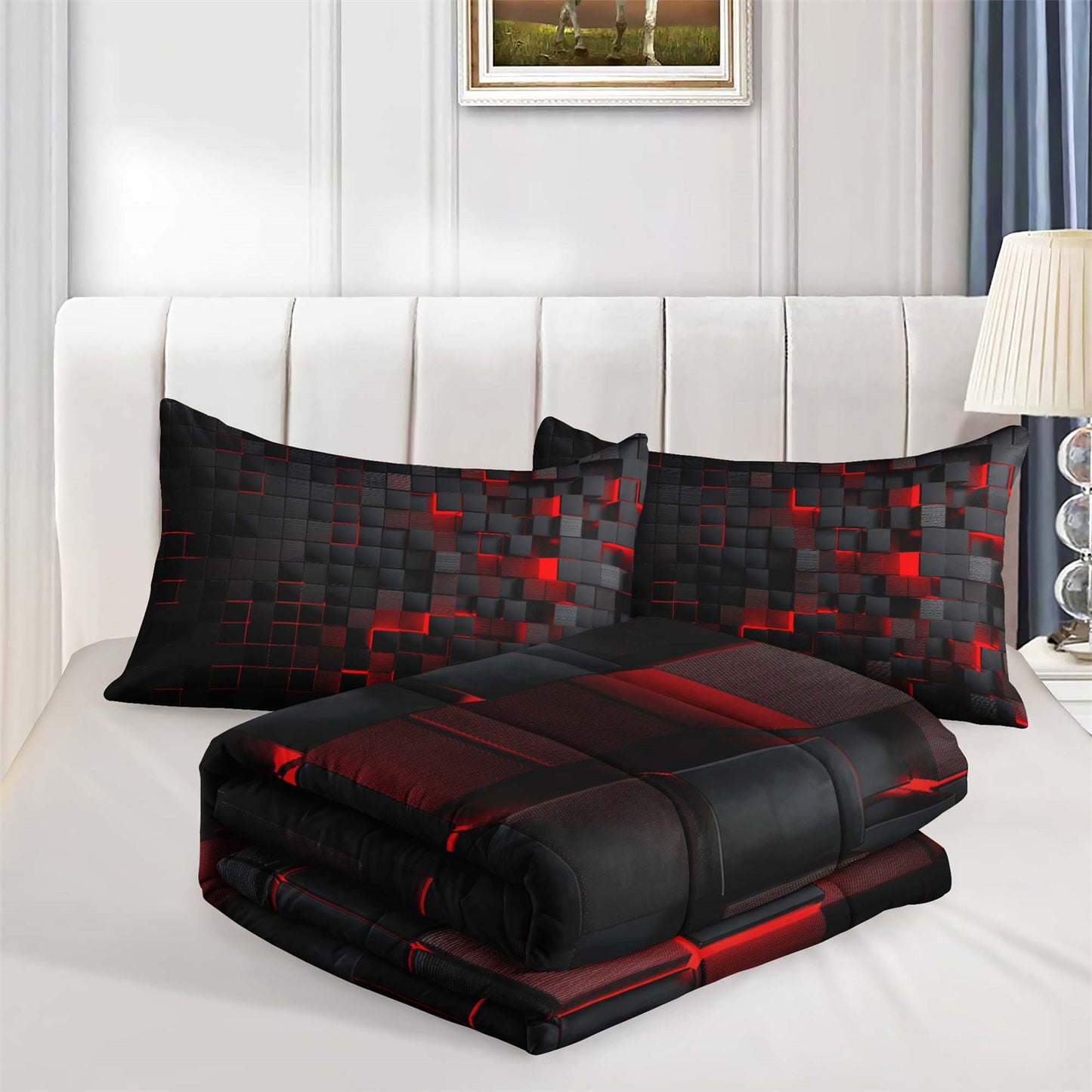 3Pcs Geometric Blue & Red Grid Checked Comforter Set