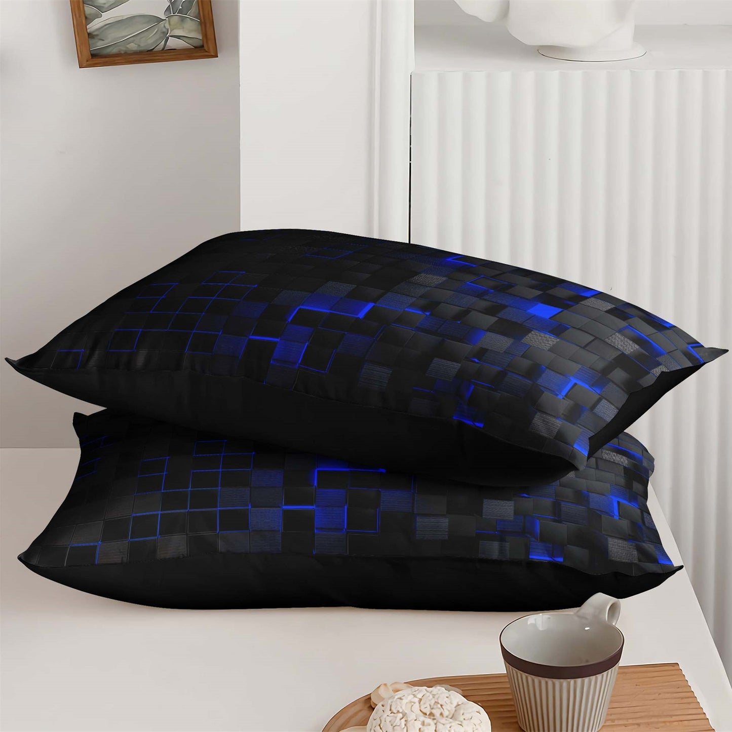 3Pcs Geometric Blue & Red Grid Checked Comforter Set