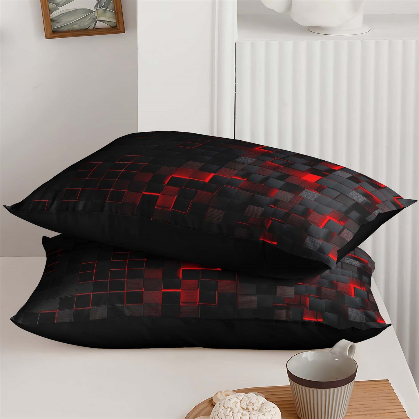 3Pcs Geometric Blue & Red Grid Checked Comforter Set