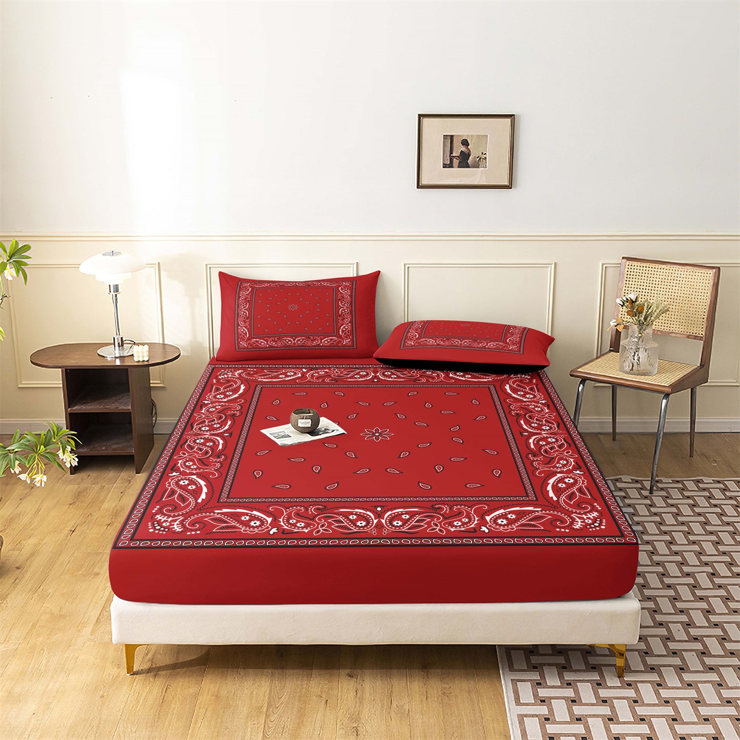 3Pcs Black & Red Boho Bandana Paisley Fitted Sheet