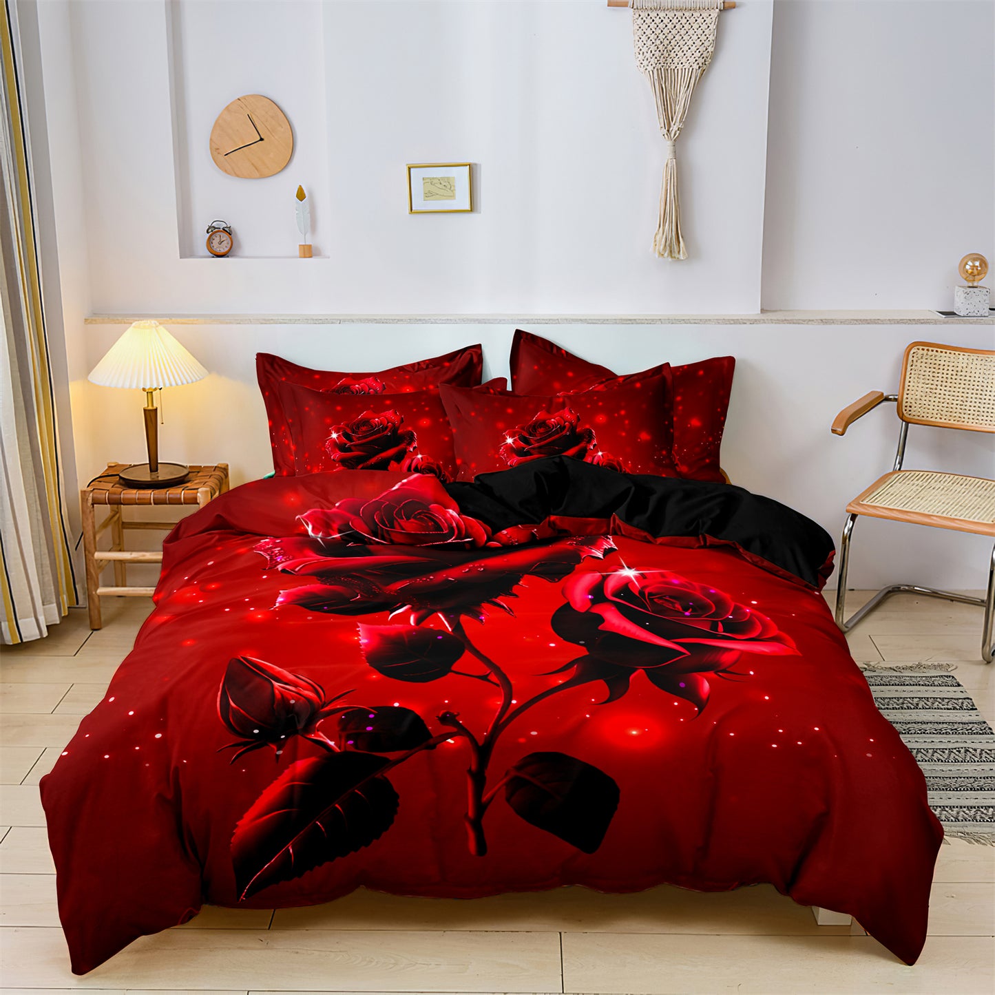 3Pcs Romantic Red Rose Duvet Cover Bedding Set