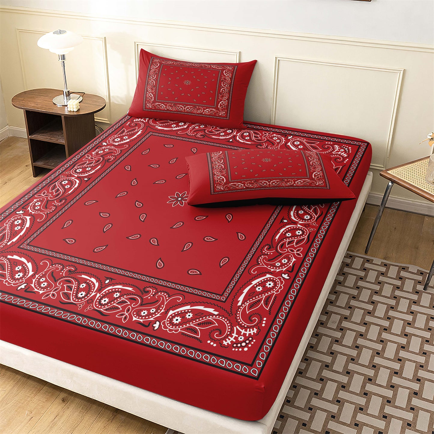 3Pcs Black & Red Boho Bandana Paisley Fitted Sheet