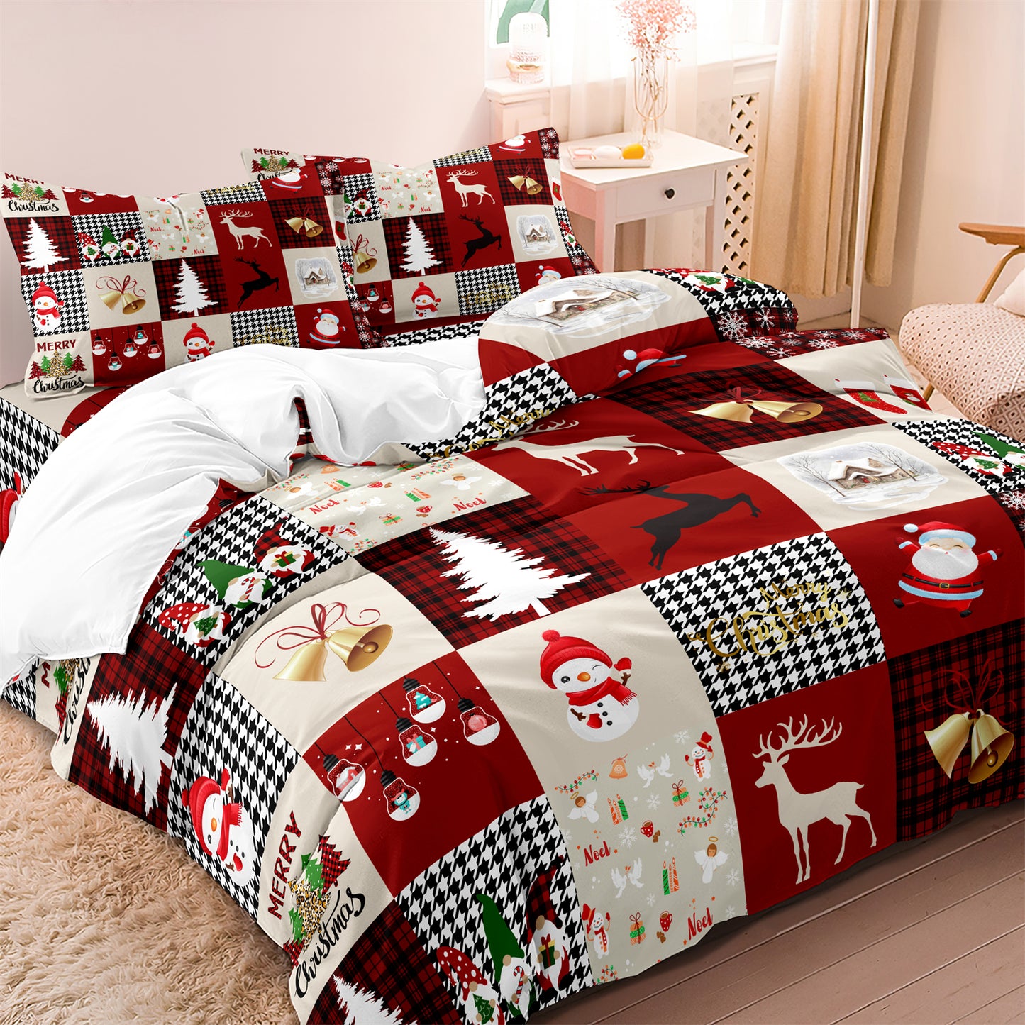 3Pcs Christmas Theme Santa Snowman Tree Elk Snowflake Checked Duvet Cover