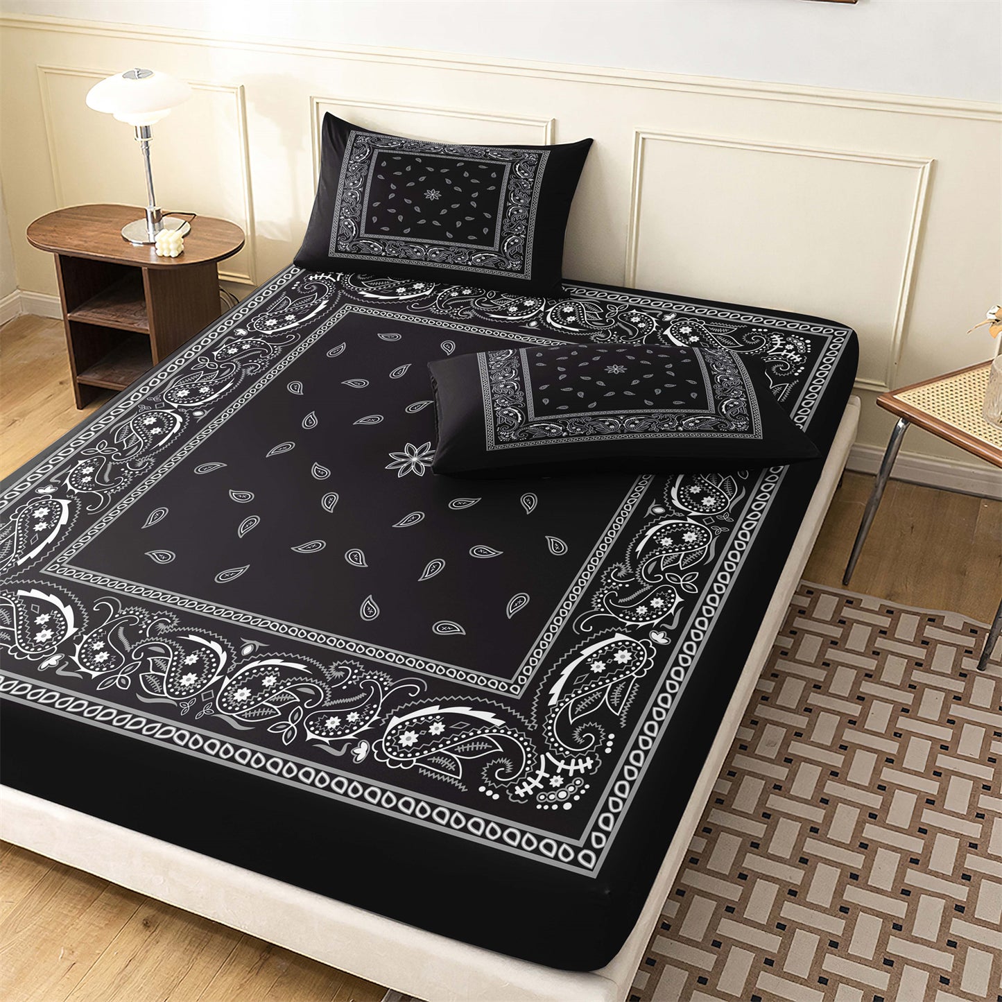 3Pcs Black & Red Boho Bandana Paisley Fitted Sheet