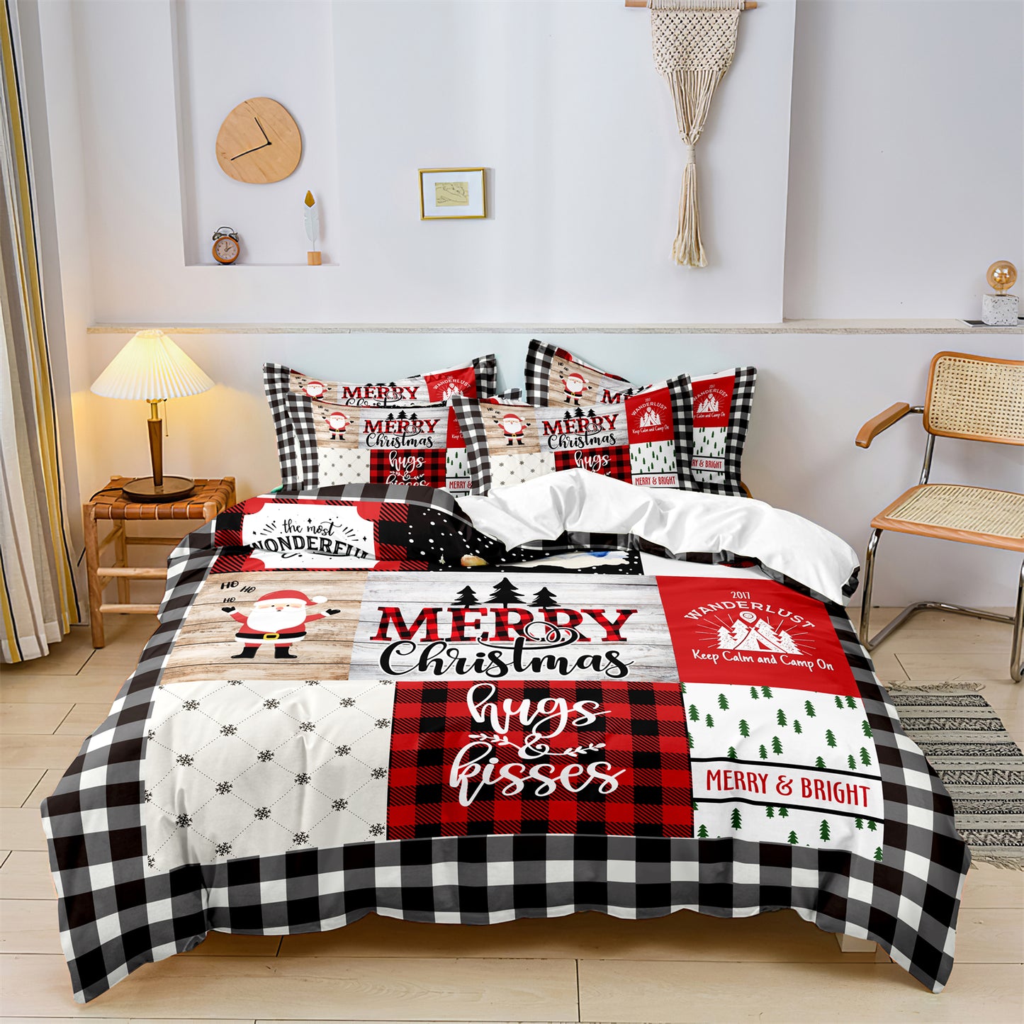 3Pcs Christmas Theme Print Checked Duvet Cover Bedding Set
