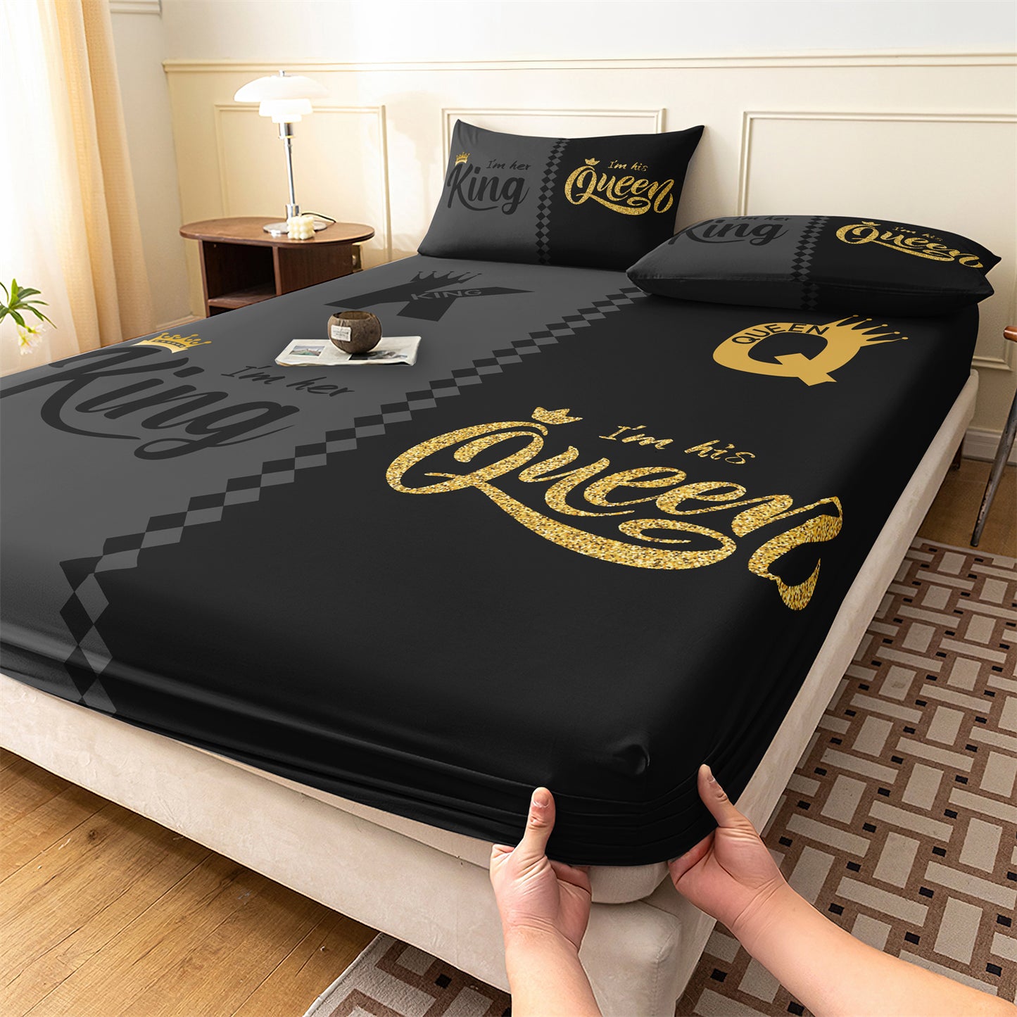 3pcs Queen & King Crown Lettering Couple Sheet Fitted Set