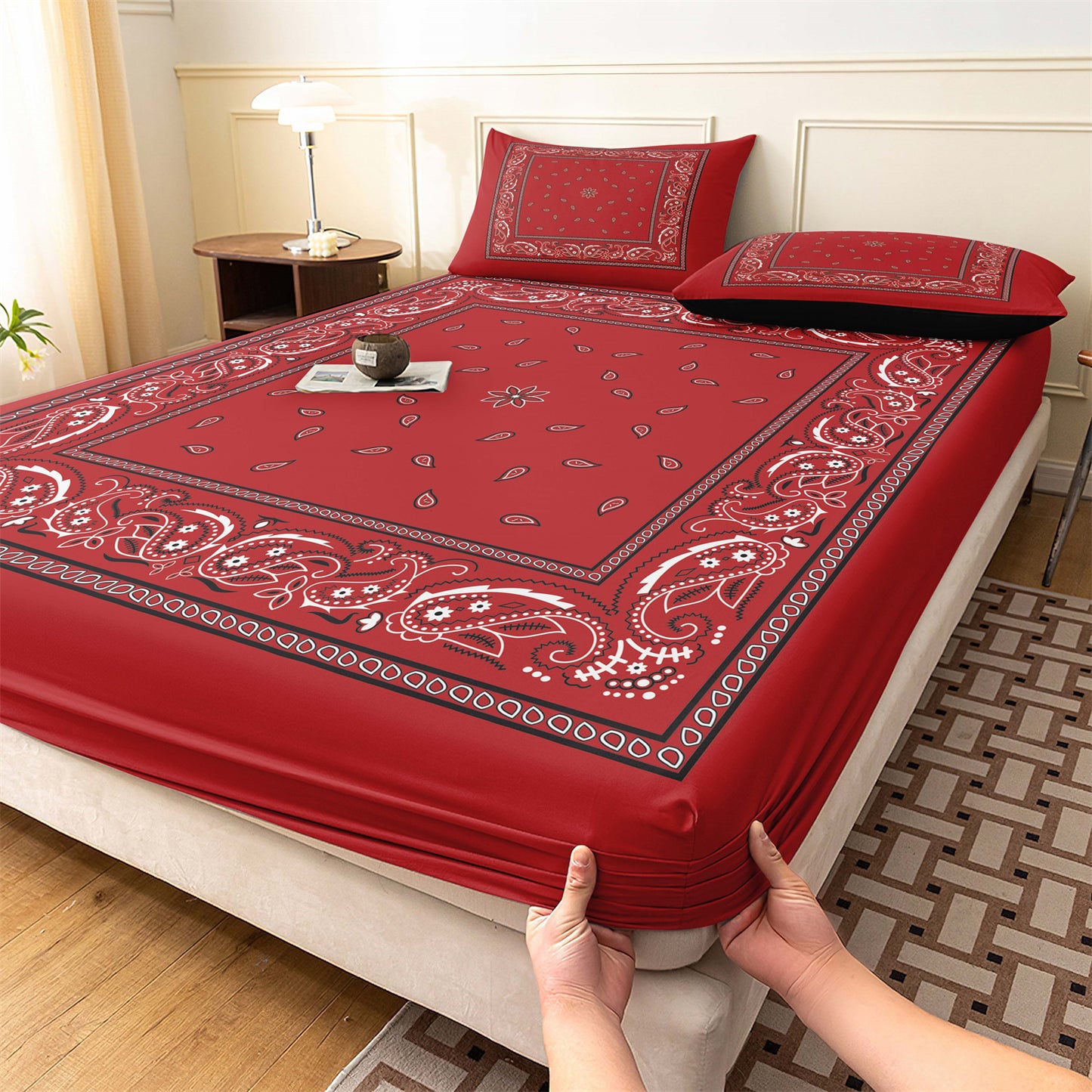 3Pcs Black & Red Boho Bandana Paisley Fitted Sheet