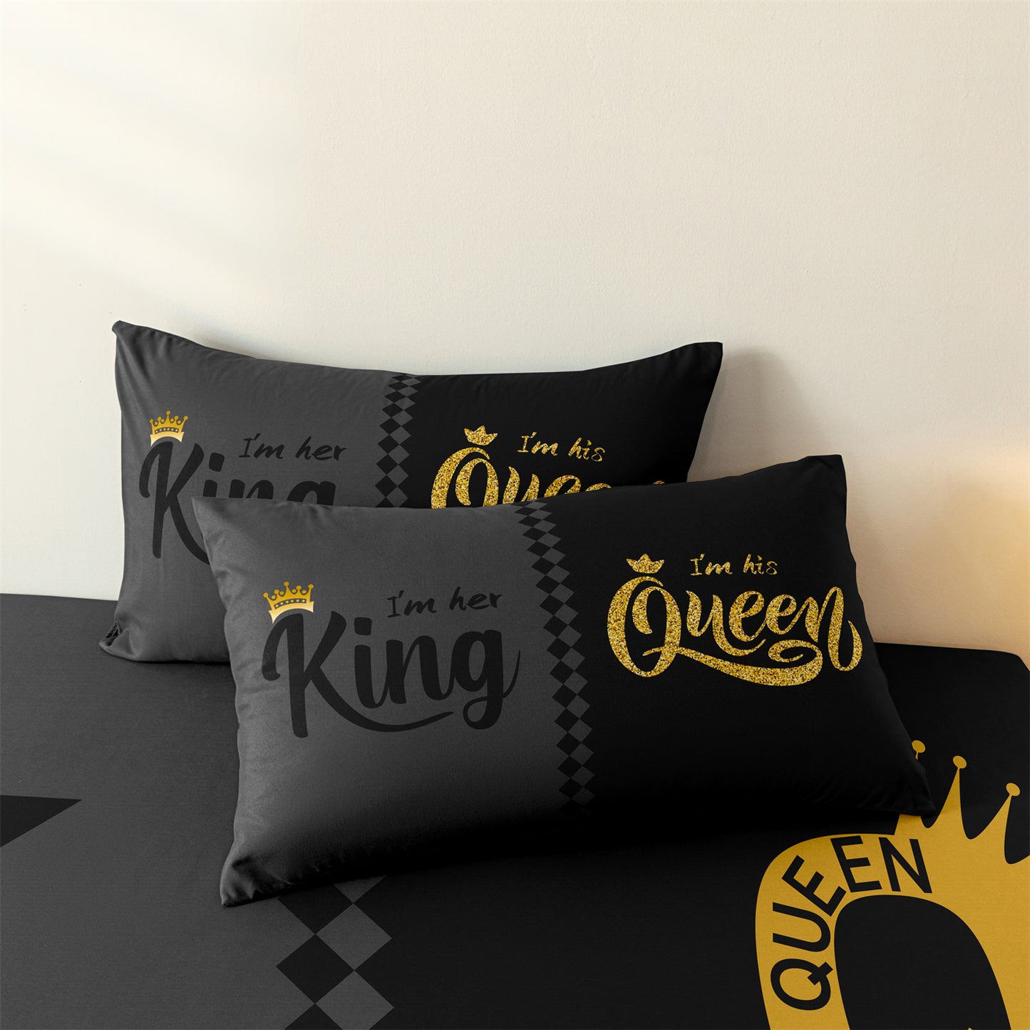 3pcs Queen & King Crown Lettering Couple Sheet Fitted Set