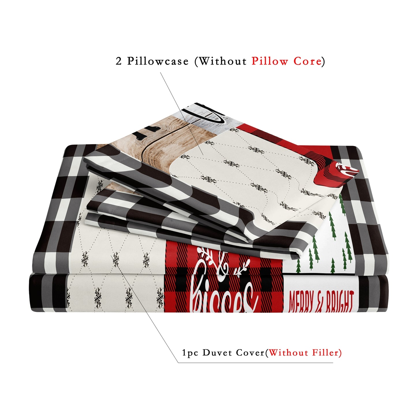 3Pcs Christmas Theme Print Checked Duvet Cover Bedding Set